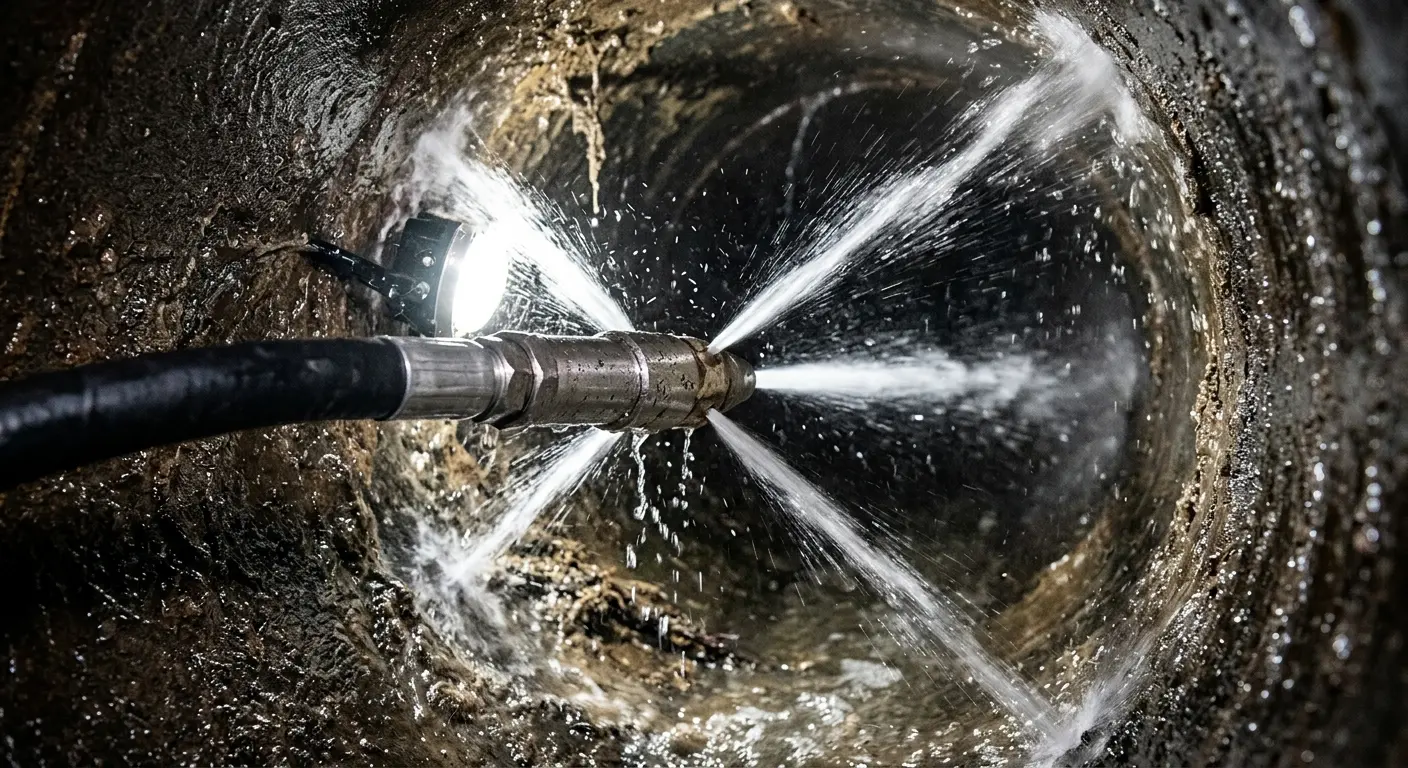 High-pressure hydro jetting nozzle cleaning sewer pipe for Trenchless Sewer Repair in East Whittier