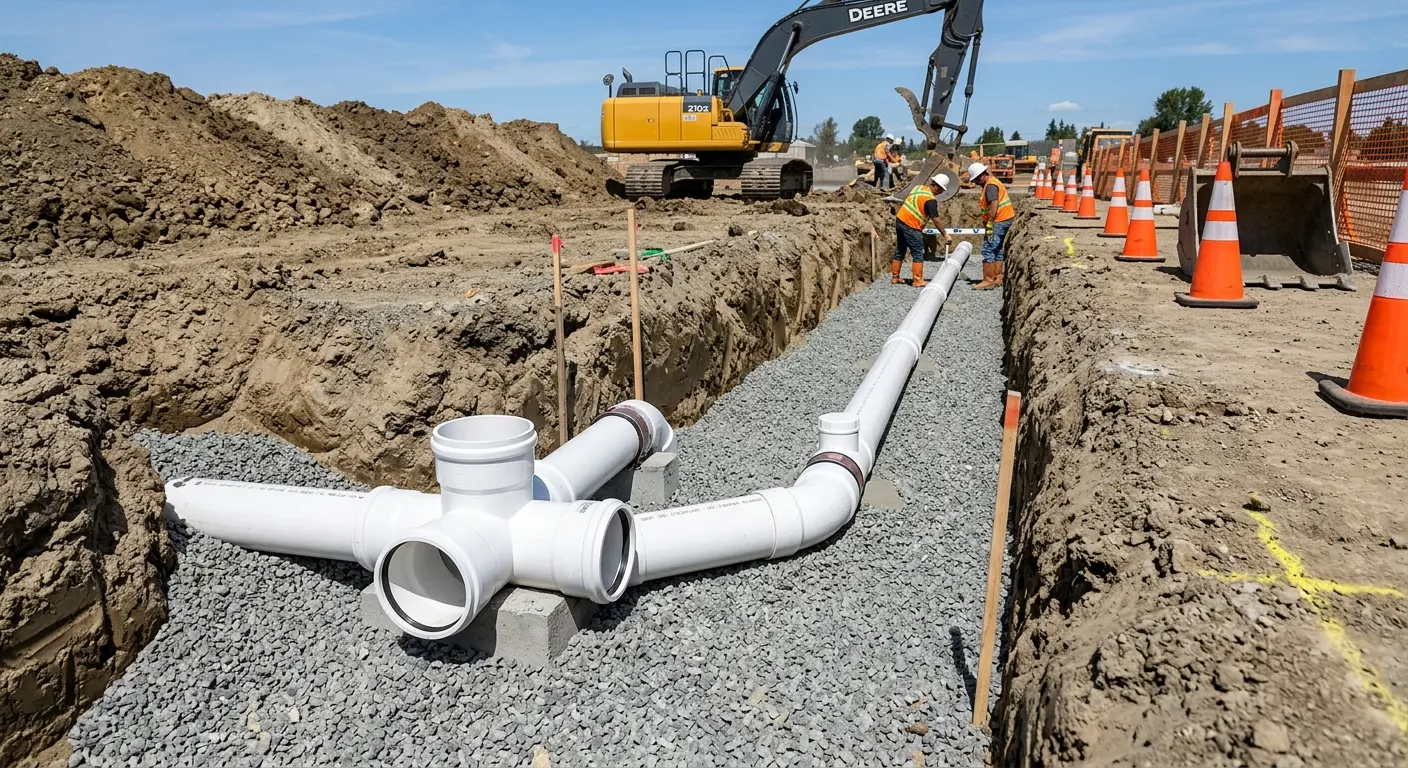 New PVC sewer pipe installation in open trench for Commercial Drain Cleaning in East Whittier