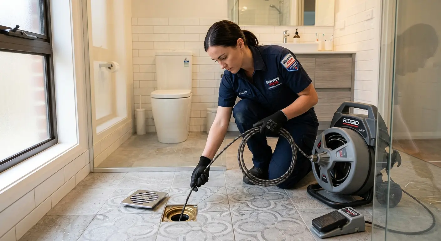 Technician clearing a bathroom floor drain for Clogged Drain Repair in East Whittier